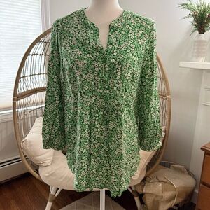 Beach Lunch Lounge Green Floral Viscose Tunic Blouse Size M